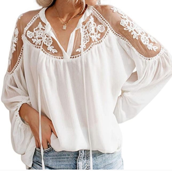 Tops - Womens White Vneck Crochet Lace accent blouse various sizes NWT